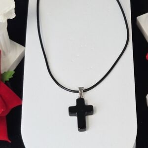 Black Quartz Cross Necklace Natural Stone Pendant Gothic Minimalist Wax Cord